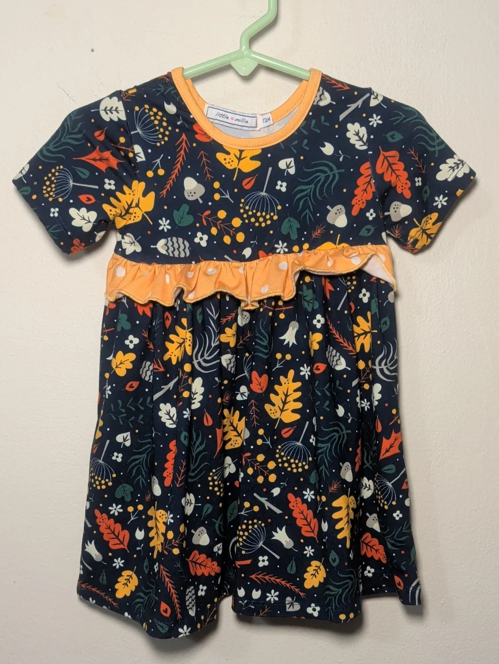 Little Mille Floral Dress with Polka Dot Ruffle Navy Orange Yellow Girl Size 12M